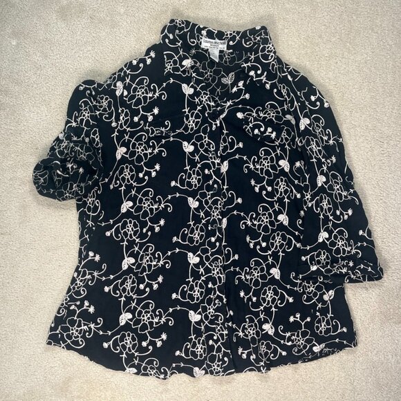100% Cotton Black Floral Embroidered Button Down Shirt - Lauren Michelle Size 2X - Picture 1 of 10